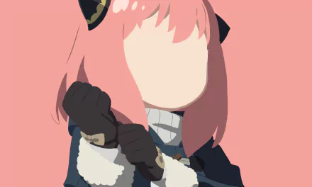 HD anime desktop wallpaper of Anya Forger from Spy x Family: faceless stylized portrait with pink hair, black bows and gloves, wearing a fur-trimmed coat against a soft coral background.