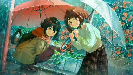4K Ultra HD wallpaper featuring Ochaco Uraraka and Tsuyu Asui from My Hero Academia under umbrellas in a vibrant, rainy garden scene.