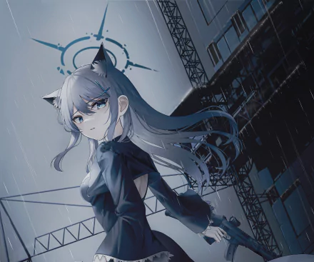 HD PC desktop wallpaper featuring Shiroko Sunaookami from the video game Blue Archive, set against a moody, industrial rainy backdrop.