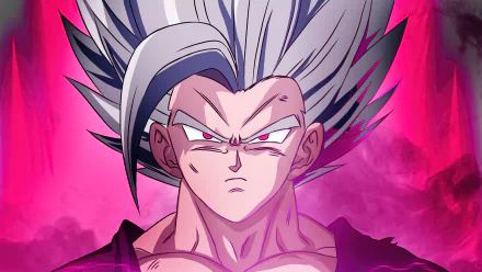Gohan Beast from Dragon Ball Super: Super Hero in intense close-up with silver hair and glowing red eyes, rendered in 4K Ultra HD anime style.