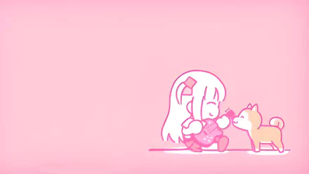A charming HD desktop wallpaper featuring Bocchi Hitori from Bocchi the Rock! joyfully playing a ukulele with a cute dog against a soft pink background.