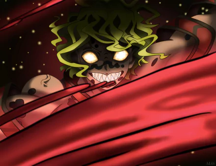 HD PC desktop wallpaper featuring Gyutaro from the anime Demon Slayer: Kimetsu no Yaiba, with glowing eyes and a menacing grin amidst dark, dynamic red and black tones.