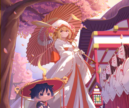 4K Ultra HD PC wallpaper featuring Lumine from Genshin Impact, set against a vibrant, cherry blossom-filled backdrop with traditional Japanese elements.