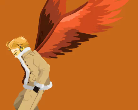 Hawks from Boku No Hero Academia (My Hero Academia) anime in a 2K Quad HD PC desktop background: side profile in a tan fur-lined coat with large red wings against a flat orange backdrop.