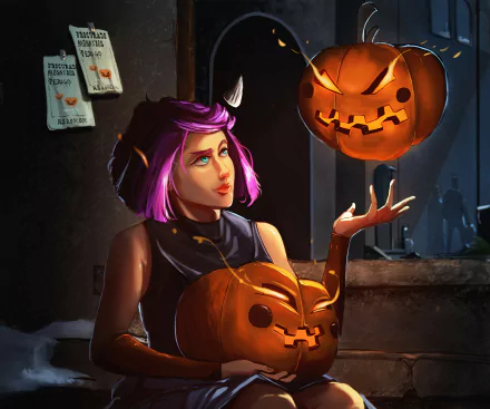 4K Ultra HD PC desktop wallpaper: Halloween holiday scene with a purple‑haired woman holding glowing jack-o'-lanterns against a moody night background.