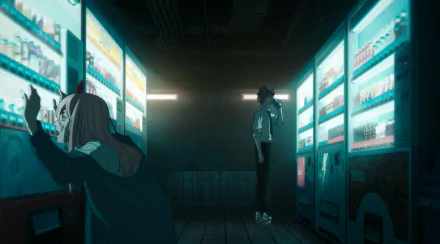 HD PC desktop wallpaper featuring a dark, atmospheric scene from the anime Chainsaw Man with two characters near illuminated vending machines.