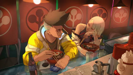 HD wallpaper featuring David and Lucy from Cyberpunk: Edgerunners, enjoying a meal at a futuristic diner. The anime characters are depicted in vivid detail, creating a striking background.