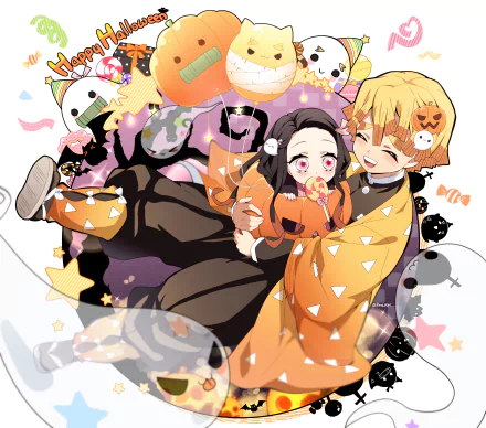 4K Ultra HD PC wallpaper featuring Zenitsu Agatsuma and Nezuko Kamado from the anime Demon Slayer: Kimetsu no Yaiba in a playful, colorful scene.