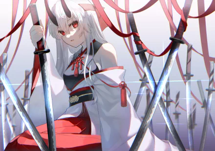 HD anime wallpaper featuring Archer Inferno from Fate/Grand Order, showcasing a white-haired character with red eyes holding dual swords amid a backdrop of crosses.