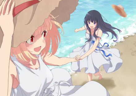 Takina Inoue and Chisato Nishikigi from Lycoris Recoil enjoy a sunny beach day, captured in vibrant 4K Ultra HD anime style as a PC desktop wallpaper.