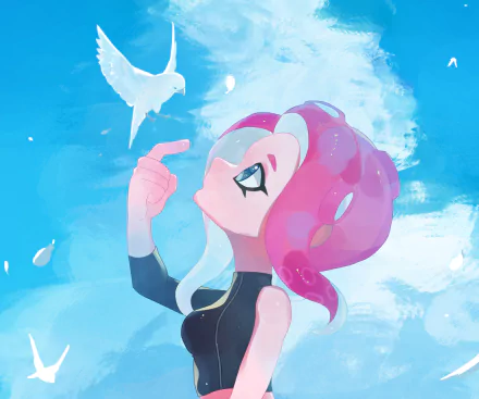 HD PC wallpaper featuring an Octoling from the video game Splatoon, set against a vibrant blue sky with white birds and dynamic brushstroke effects.