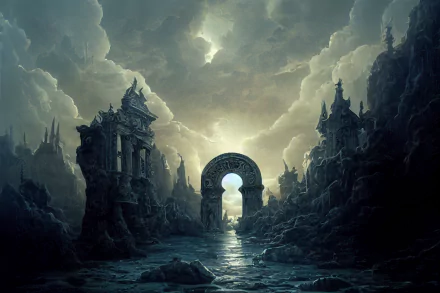 Dark fantasy AI art depicting a mysterious ancient stone archway over a misty water path, surrounded by towering, gothic ruins under a cloudy, ominous sky. HD desktop wallpaper.