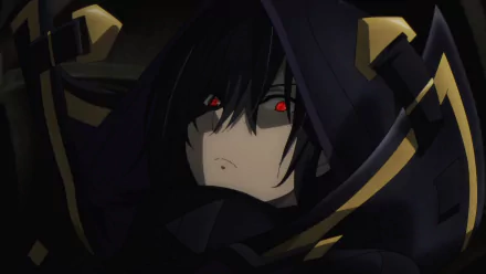 HD PC desktop wallpaper featuring Cid Kagenou from the anime The Eminence in Shadow, showcasing a close-up of his intense red eyes and dark hooded attire.