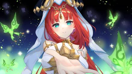 HD PC desktop wallpaper of Nilou from the video game Genshin Impact, featuring her with a serene expression against a glowing, magical background.