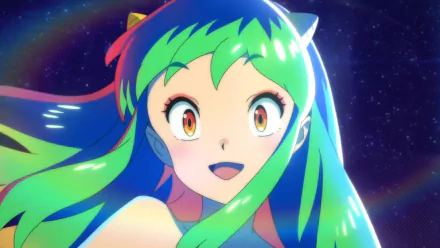 Lum from Urusei Yatsura (2022) anime, close-up in a vibrant HD PC desktop wallpaper: glowing green hair, red horns and bright eyes against a starry cosmic background.