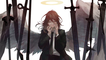 Angel Devil from Chainsaw Man portrayed in a dark, moody anime style with black wings and swords, rendered as a 4K Ultra HD PC desktop wallpaper background.