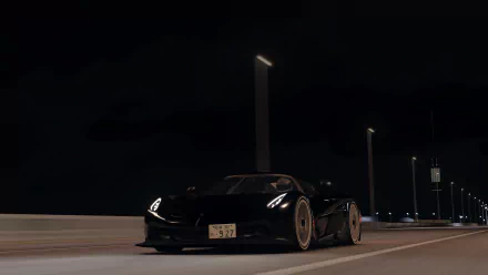 Koenigsegg Jesko hypercar showcased in a 4K Ultra HD Assetto Corsa video game scene, highlighting a sleek black sports car on a nighttime road.