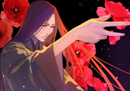 HD PC desktop wallpaper featuring Unohana Retsu from the anime Bleach: Thousand-Year Blood War, surrounded by vibrant red flowers against a dark background.