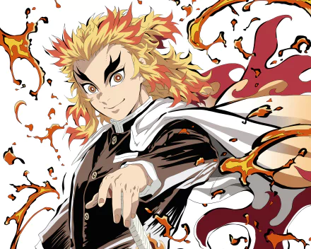 Kyojuro Rengoku from Demon Slayer: Kimetsu no Yaiba in dynamic pose with fiery flames, featured in a vibrant 4K Ultra HD anime desktop wallpaper.