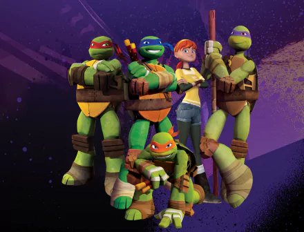 Teenage Mutant Ninja Turtles TV show 2K Quad HD PC desktop wallpaper — four bandana-wearing turtles and a red-haired ally posing against a purple textured background.
