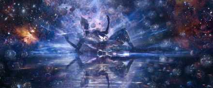 HD fantasy desktop wallpaper depicting the god Vishnu surrounded by cosmic and celestial elements in a vibrant, ethereal atmosphere.