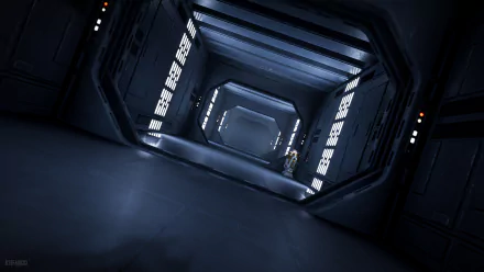 Star Wars Jedi: Fallen Order video game 4K Ultra HD PC desktop wallpaper of a tilted, dim-lit metallic corridor with illuminated panels.