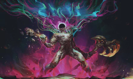 Fantasy-themed GRIME HD desktop wallpaper featuring an artistic cosmic entity with vivid colors and dynamic abstract elements.