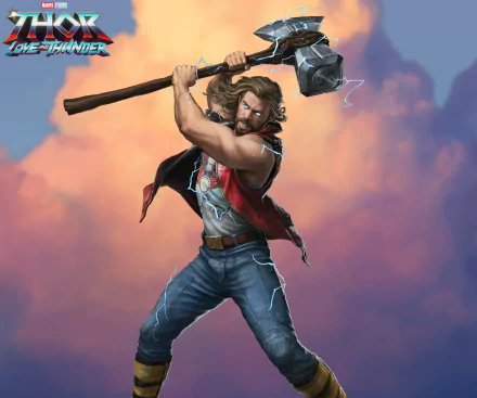 Thor from the movie Thor: Love and Thunder poised to strike with Stormbreaker amid a dramatic cloudscape — 2K Quad HD PC desktop wallpaper and background.