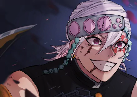 HD anime wallpaper featuring Tengen Uzui from Demon Slayer: Kimetsu no Yaiba, displaying a confident smile and wearing his signature gemstone headband and battle attire.
