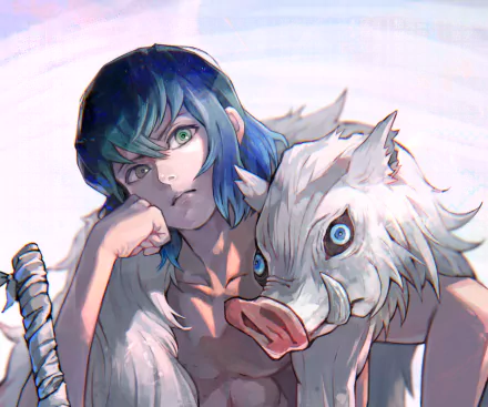 Inosuke Hashibira from Demon Slayer: Kimetsu no Yaiba gazes confidently, resting his chin on his hand, accompanied by his boar mask in this vibrant HD anime wallpaper.