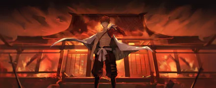 HD PC wallpaper featuring Saber (Senji Muramasa) and Shirou Emiya from the anime Fate/Grand Order, standing before a burning traditional Japanese building.