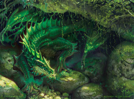 HD desktop wallpaper featuring a vivid, man-made dragon from Magic: The Gathering, depicted in lush, dark green forest surroundings.