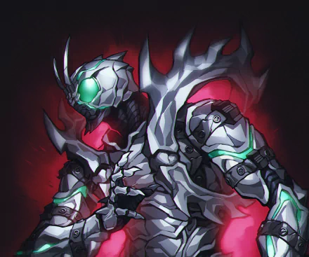 HD anime-style Kamen Rider character with glowing green eyes and intricate white armor, set against a dark red background, designed as a PC desktop wallpaper.