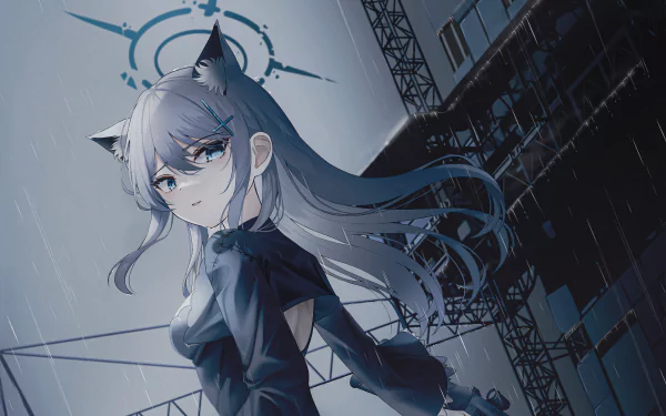 HD PC desktop wallpaper featuring Shiroko Sunaookami from the video game Blue Archive, set against a moody, industrial rainy backdrop.