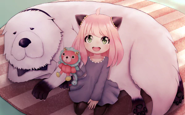 4K anime PC wallpaper of Anya Forger from Spy x Family cuddling Bond, the giant white dog, on a striped rug while holding a plush toy, smiling warmly.
