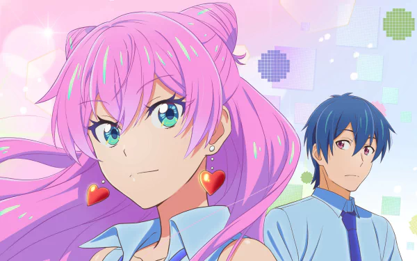 2K Quad HD anime wallpaper: Jirou Yakuin and Akari Watanabe — pink‑haired woman with heart earrings in the foreground, blue‑haired man behind, evoking more than a married couple but not lovers.