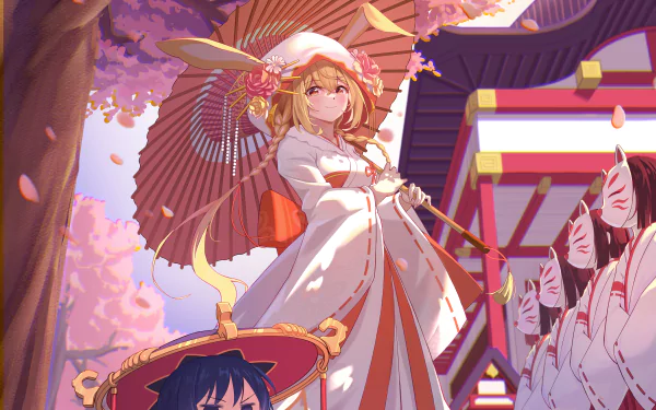 4K Ultra HD PC wallpaper featuring Lumine from Genshin Impact, set against a vibrant, cherry blossom-filled backdrop with traditional Japanese elements.