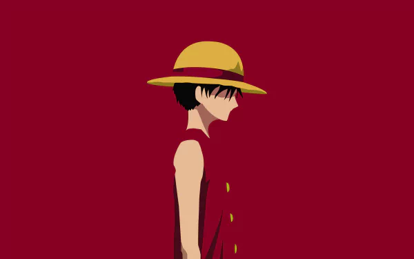 Minimalist 8K Ultra HD anime wallpaper featuring Monkey D. Luffy from One Piece in profile against a deep red background.