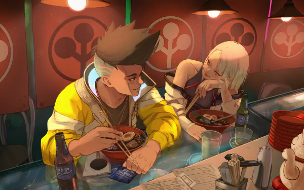 HD wallpaper featuring David and Lucy from Cyberpunk: Edgerunners, enjoying a meal at a futuristic diner. The anime characters are depicted in vivid detail, creating a striking background.