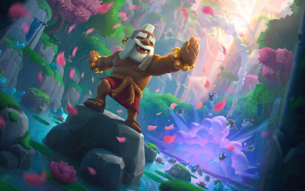Video game Clash Royale 4K Ultra HD PC desktop wallpaper: armored hero poses on a mossy rock in a glowing, flower-filled canyon with falling petals.