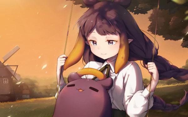 Hololive Ninomae Ina'nis anime-style Virtual YouTuber on a swing at sunset with a plush mascot in her lap — HD PC desktop wallpaper background.