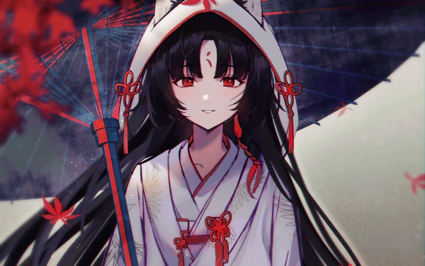 4K Ultra HD desktop wallpaper featuring Saga from the video game Arknights, dressed in traditional attire with a dark, atmospheric background and red accents.