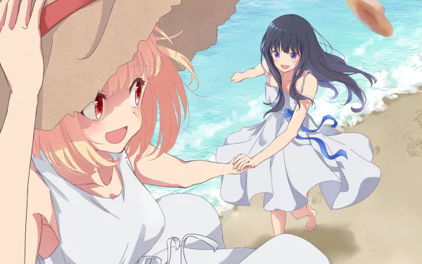 Takina Inoue and Chisato Nishikigi from Lycoris Recoil enjoy a sunny beach day, captured in vibrant 4K Ultra HD anime style as a PC desktop wallpaper.