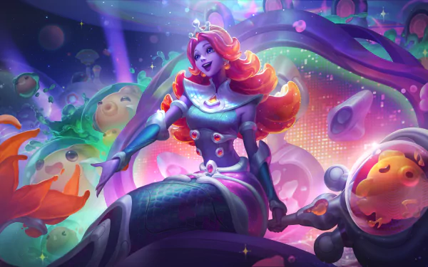 Vibrant 4K Ultra HD League of Legends wallpaper featuring Nami in a dynamic, colorful underwater-themed setting from the popular video game.