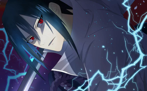 Sasuke Uchiha from Naruto depicted with glowing red eyes and lightning effects in a detailed 4K Ultra HD anime desktop wallpaper.