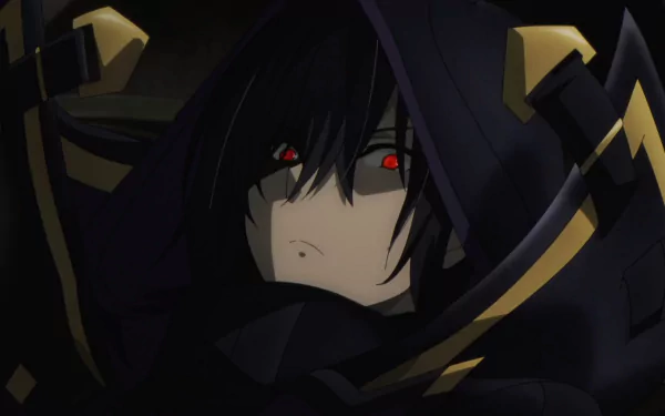 HD PC desktop wallpaper featuring Cid Kagenou from the anime The Eminence in Shadow, showcasing a close-up of his intense red eyes and dark hooded attire.