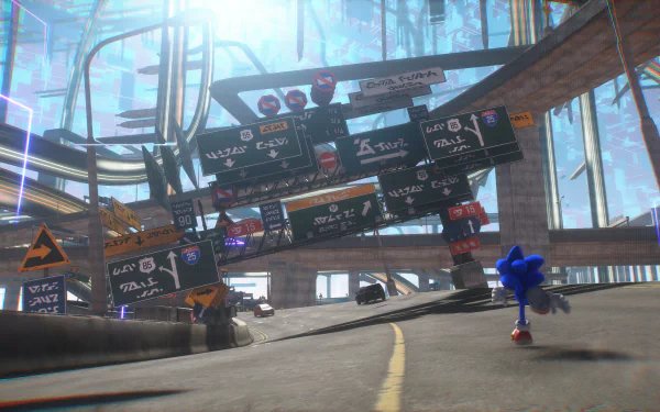 Sonic the Hedgehog races through a futuristic cityscape in Sonic Frontiers, rendered in stunning 4K Ultra HD for PC desktop wallpaper and background.