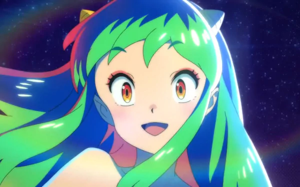 Lum from Urusei Yatsura (2022) anime, close-up in a vibrant HD PC desktop wallpaper: glowing green hair, red horns and bright eyes against a starry cosmic background.
