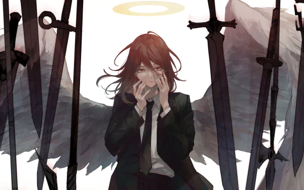 Angel Devil from Chainsaw Man portrayed in a dark, moody anime style with black wings and swords, rendered as a 4K Ultra HD PC desktop wallpaper background.