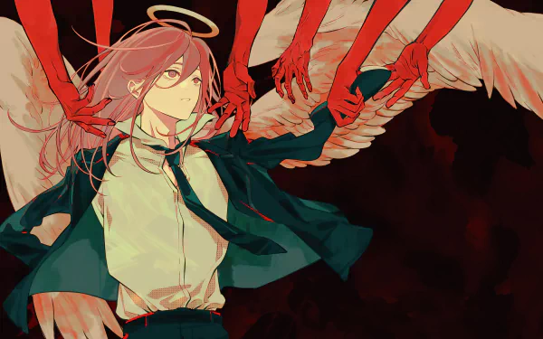 Angel Devil from Chainsaw Man is depicted in this vibrant 4K Ultra HD anime wallpaper, featuring his signature halo and red hands reaching out against a dark background.